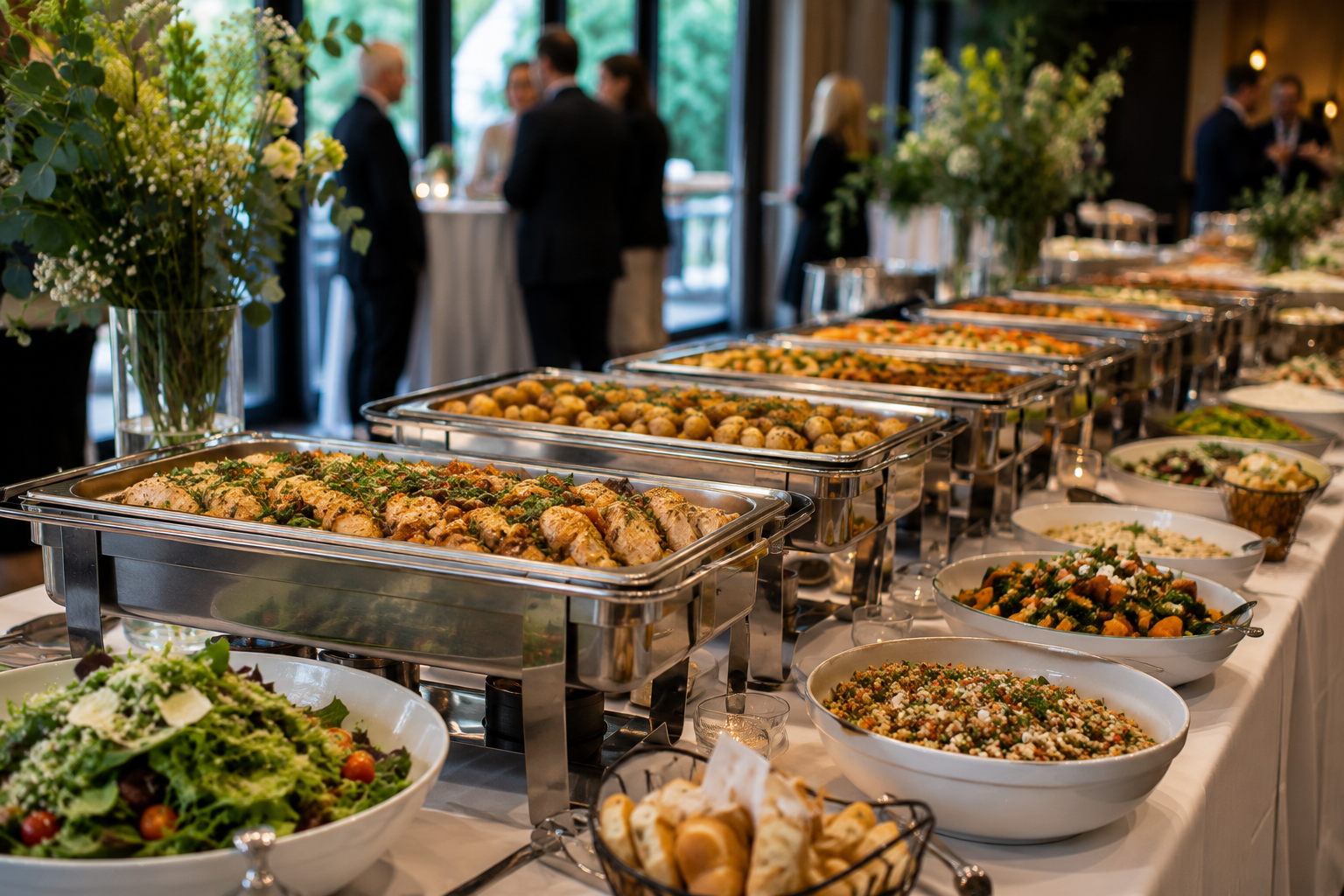 Buffet catering setup with hot meals, fresh salads, and serving stations prepared for an event in Melbourne