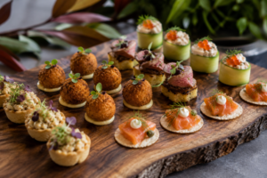 Selection of gourmet canapés and finger food beautifully presented on a wooden serving board in Melbourne