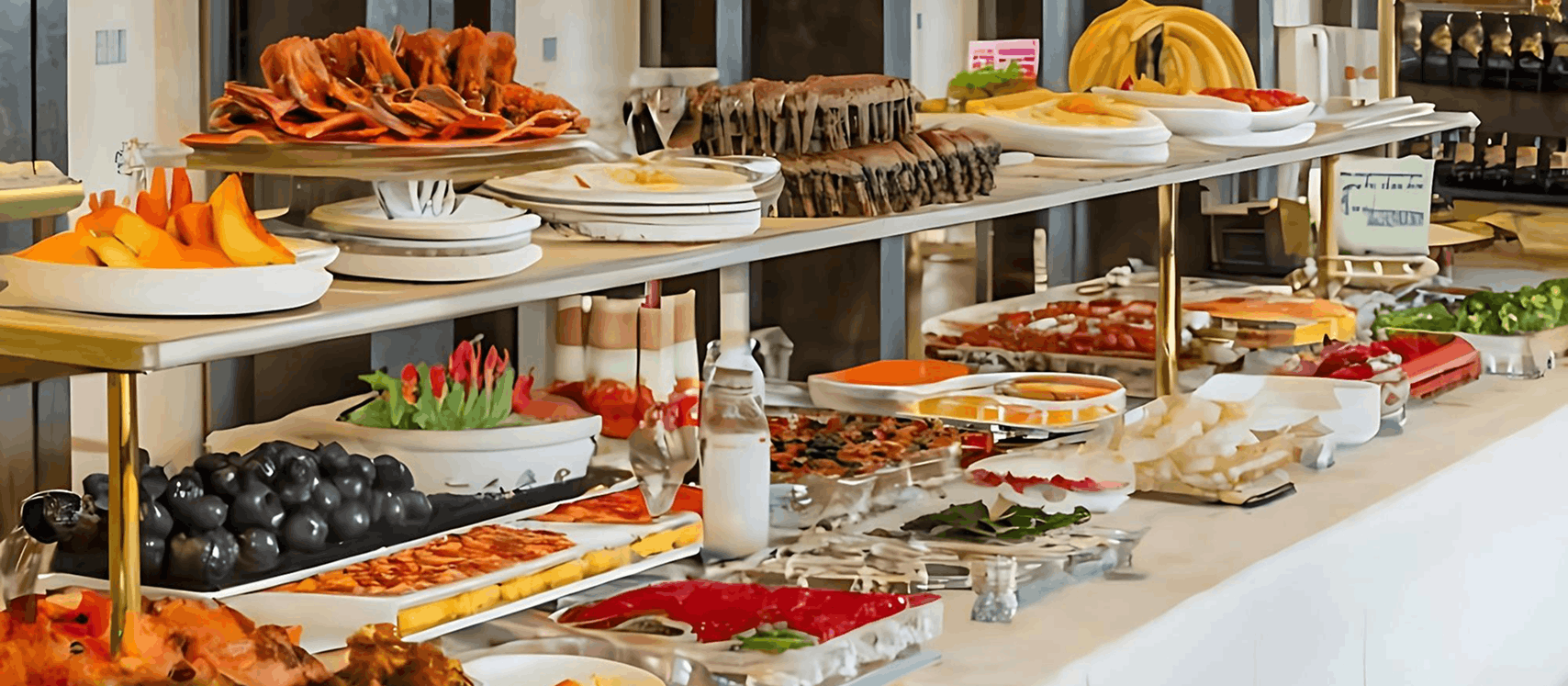 Multicultural catering menu spread for Clayton events