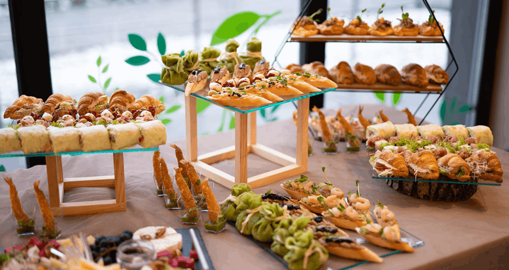 Canapé display with bruschetta and finger food