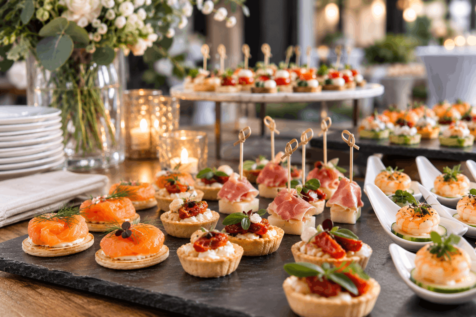 Assorted gourmet canapés with salmon, prawns and prosciutto presented at an event in Melbourne