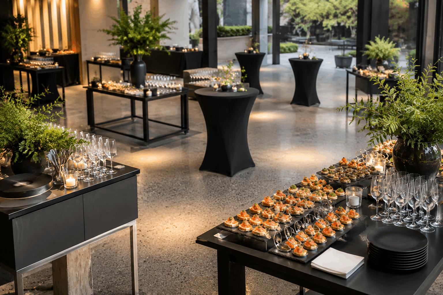 Cocktail Canapés Catering Big Flavours Canapés and drinks arranged on tables at an elegant cocktail event in Melbourne
