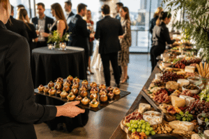 Caterer serving gourmet canapés to guests at an elegant event with a grazing table in Melbourne