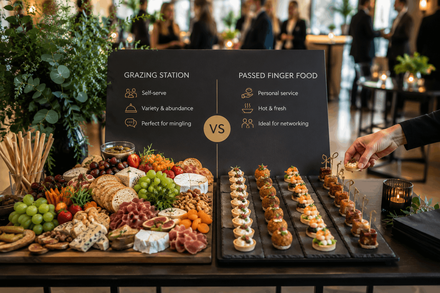 Grazing Tables and Canapés Catering Big Flavours Gourmet grazing table and passed finger food displayed side by side at an event in Melbourne