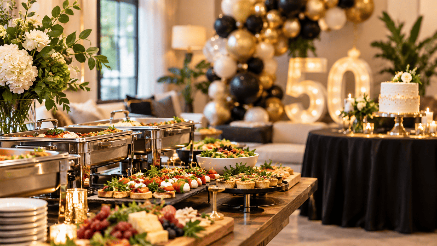 Milestone birthday party with buffet catering, gourmet canapés and a decorated 50th birthday table in Melbourne