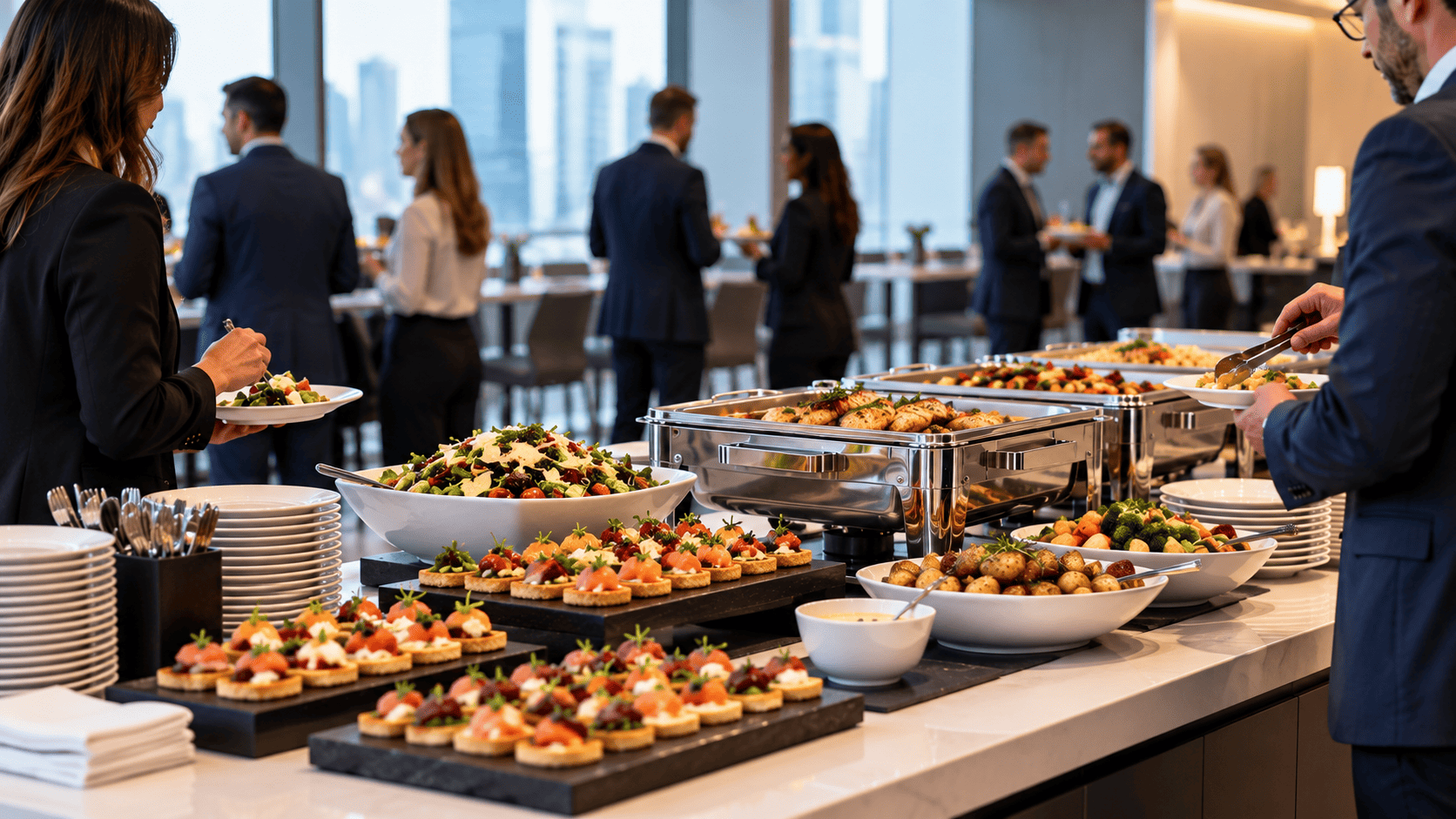 Guests enjoying buffet catering at a corporate business event in Melbourne