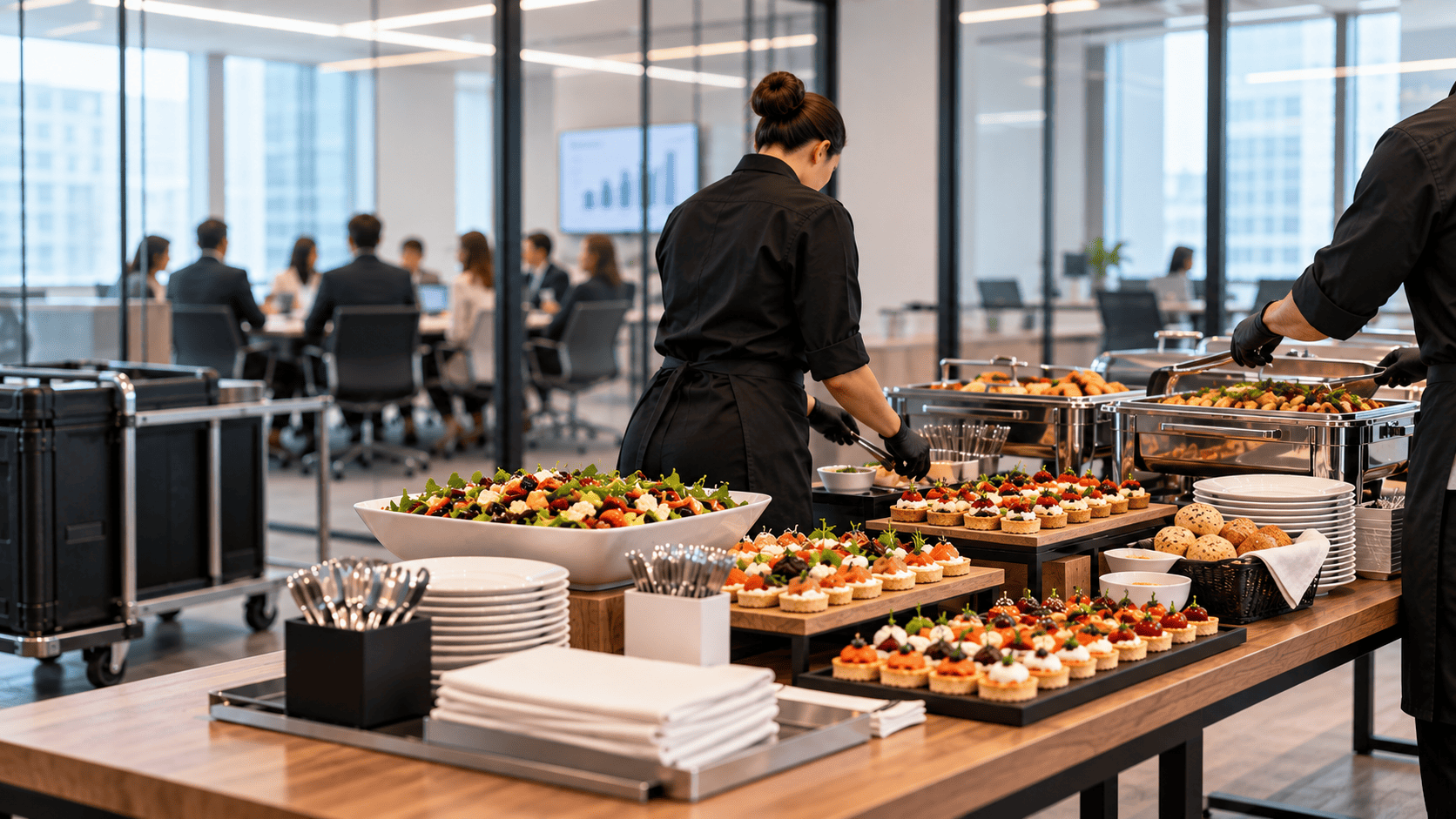 Office Buffet Catering by Big Flavours Staff preparing buffet catering for a corporate meeting in Melbourne
